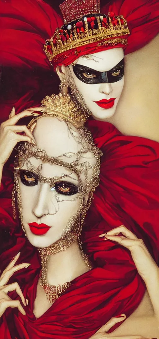 Prompt: an 8 0 s close - up portrait of a woman with dark eye shadow and red lips with dark slicked back hair, a mask of beads and jewels hanging from a crown by serge lutens, rolf armstrong, delphin enjolras, peter elson, background of classic red cloth