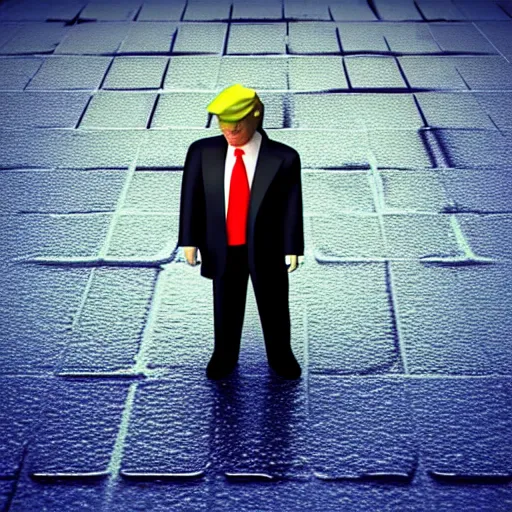 Image similar to vintage instamatic photo of Donald trump in jail, Puddles, parking lot, Isometric 3D, smooth 3D Illustration, Cinematic Matte Painting, volumetric lighting ,