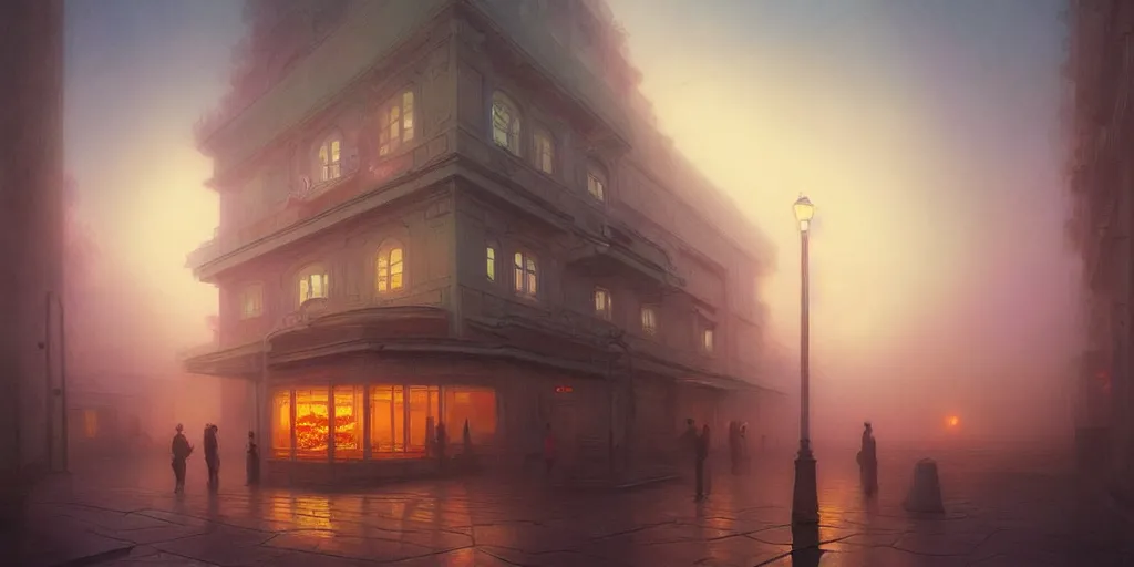 Prompt: concept art of a vaporwave palace made of pizza, illuminated fog, depth of field, cinematic lights, deep focus, intricate, elegant, highly detailed, foggy, mysterious, digital painting, artstation, concept art, matte, sharp focus, art by artgerm and greg rutkowski and alphonse mucha