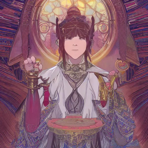 Prompt: elf wizard, dungeons and dragons, male, ornate robes, realistic facial features, highly detailed, illustration, Makoto Shinkai and Studio Ghibli animated film still, by Ilya Kuvshinov and Alphonse Mucha