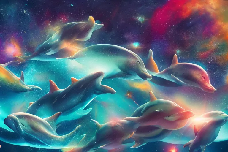 Image similar to a group of cosmic dolphins swimming and jumping out of a ocean of the cosmos, epic composition, 4 k