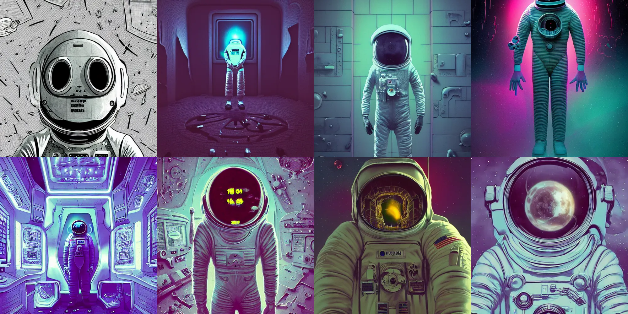Prompt: creepy astronaut, horror poster 9 0 s, cosmic horror, abstract, ghostly, arcade, duotone, poltergeist, lets get weird, intricate, elegant, highly detailed, smooth, sharp focus, unreal engine 5, raytracing, art by beeple and mike winkelmann, ultraviolet colors,