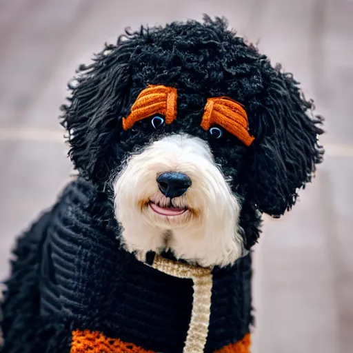 Image similar to a closeup photorealistic photograph of a cute smiling knitted bernedoodle judge dog dressed in a black gown, presiding over the courthouse. indoor image, professional capture, well lit shot. this 4 k hd image is trending on artstation, featured on behance, well - rendered, extra crisp, features intricate detail, epic composition and the style of unreal engine.