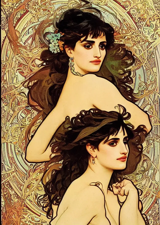 Image similar to portrait of penelope cruz, artwork by alphonse mucha