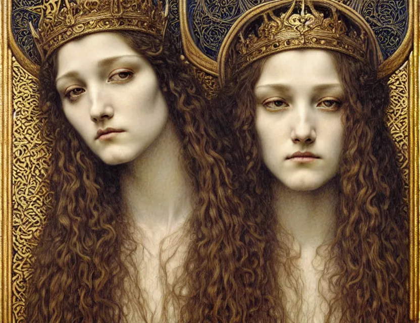 Image similar to detailed realistic beautiful young medieval queen face portrait by jean delville, gustave dore and marco mazzoni, art nouveau, symbolist, visionary, gothic, pre - raphaelite. horizontal symmetry