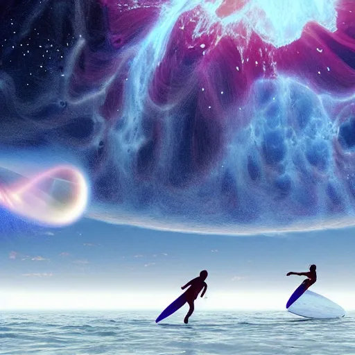 Prompt: people surfing in space on supernova's explosion