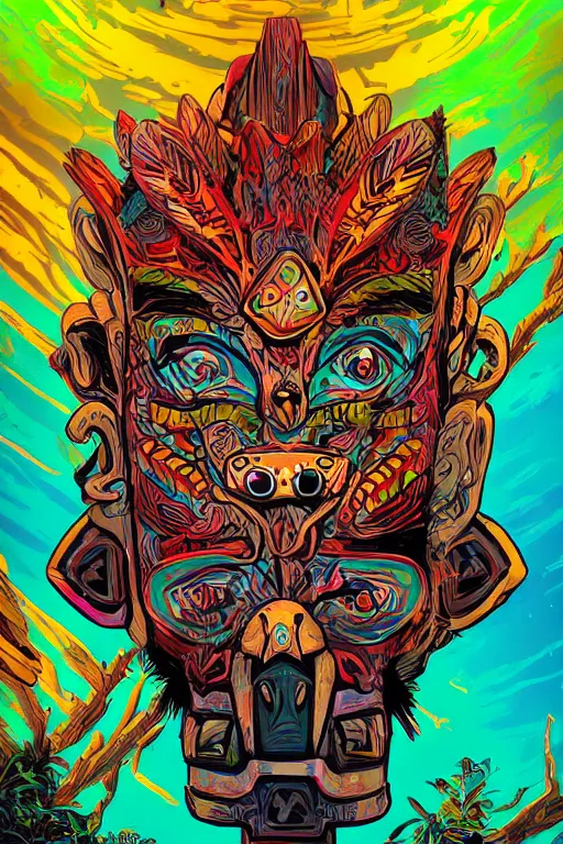 Image similar to totem animal tribal chaman vodoo mask feather gemstone plant wood rock video game illustration vivid color borderlands by josan gonzales and dan mumford radiating a glowing aura