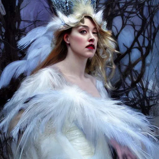 Prompt: hyperrealistic portrait of a woman as amber heard as the winter witch wearing white swan dress long feathers and sapphire jewellery by jeremy mann and alphonse mucha, fantasy art, photo realistic, dynamic lighting, artstation, poster, volumetric lighting, very detailed faces, 4 k, award winning