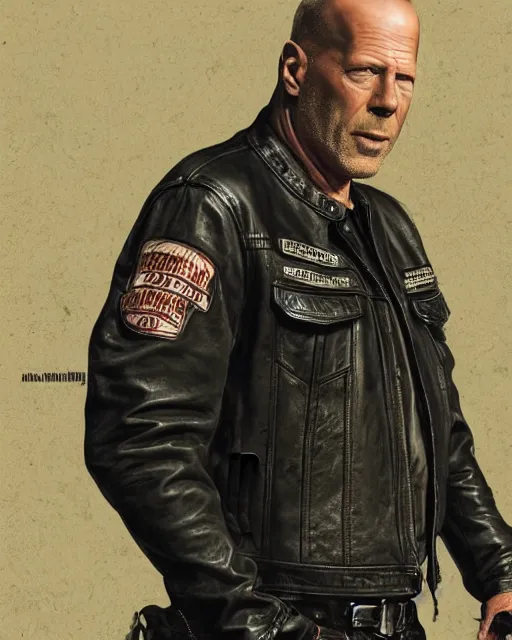 Prompt: Bruce Willis in sons of anarchy tv show, wearing samcrow leather jacket, D&D style , highly detailed, digital art, trending on artstation, smooth, sharp focus, illustration, art by artgem and ROBERT HYNES