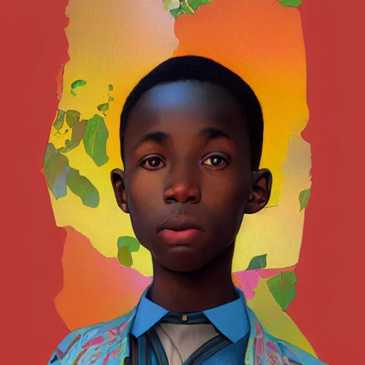 Prompt: colourful upper half caricature portrait of an african boy in magazine collage style, art by hsiao - ron cheng & alphonse mucha, highly detailed, digital painting, ray tracing, concept art, illustration, smooth sharp focus, intricate, symmetry, artstation,