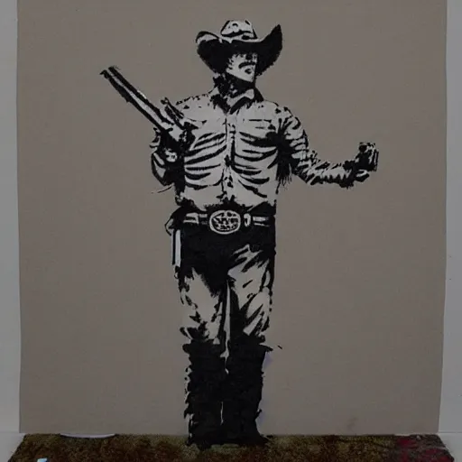 Prompt: heavily armed cowboy, drawn by banksy