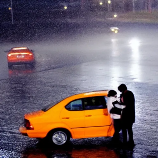 Image similar to high school kids making out in a car at night in the rain, colorful!!, nighttime!, raining!