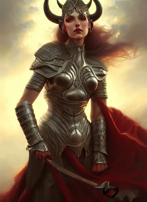 Image similar to a beautiful woman with horns and armor, painted by artgerm and tom bagshaw, fantasy art, dramatic lighting, highly detailed oil painting