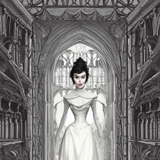 Prompt: audrey hepburn in an epic victorian novel, inside castle, intricate, elegant, highly detailed, digital painting, artstation, matte, illustration, art by artgerm, greg rutkowski, loish, rhads, ferdinand knab, makoto shinkai, lois van baarle, ilya kuvshinov, rossdraws, tom bagshaw