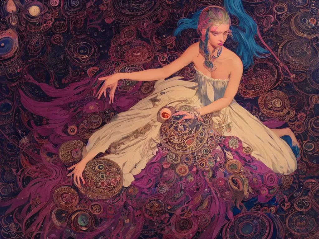 Image similar to high angle picture of a maximalist dress witch sitting on the floor and researching about the azathoth, extremely beautiful and aesthetic and detailed cute face, very huge magic circles on the hand, with familiar sprites, in the magic room, chiaroscuro, intricate, masterpiece, fantasy illustrations by ilya kuvshinov and jeremy lipking and quentin mabille