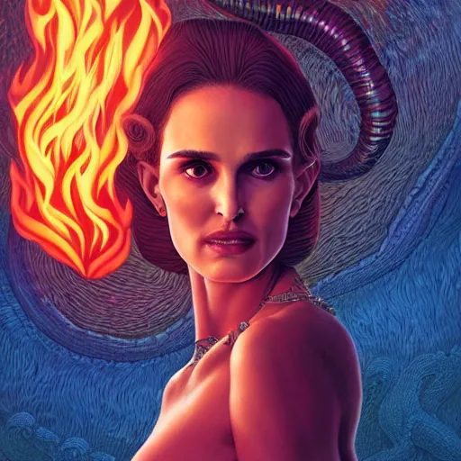 Image similar to queen of hell portrait of natalie portman, fire and flame, big long hell serpent octopus, Pixar style, by Tristan Eaton Stanley Artgerm and Wayne Barlowe and Tom Bagshaw and Boris Vallejo.