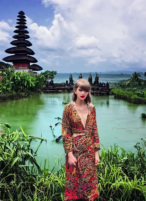 Prompt: taylor swift wearing batik bali in bali. temple, lake, rice field, ocean. front view. instagram closeup holiday photo shoot, perfect faces, award winning photography