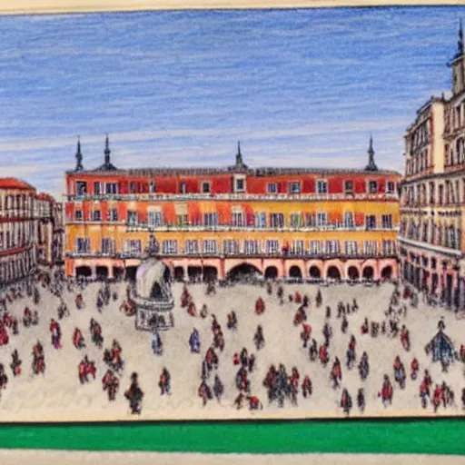 Prompt: colored pencil drawing of la plaza mayor de madrid in 1 9 2 7