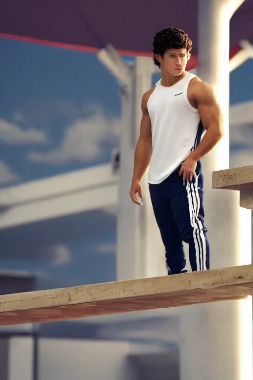 Image similar to close up still shot of young nick jonas standing on the diving board, summer olympics footage, 3 5 mm, highly detailed, disney channel original movie, dynamic lighting, subject centered in photo, octane render