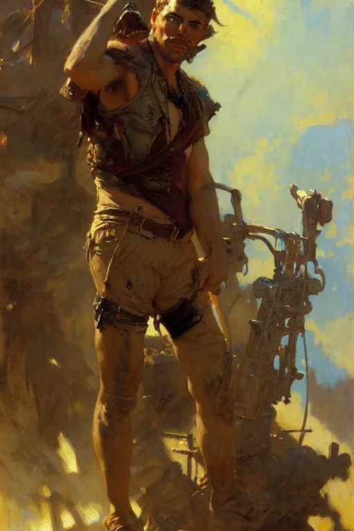 Prompt: attractive male, post - apocalyptic, painting by gaston bussiere, craig mullins, j. c. leyendecker