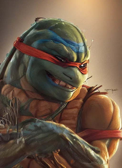 Prompt: leonardo, from tmnt by simon bisley, au naturel, hyper detailed, digital art, trending in artstation, cinematic lighting, studio quality, smooth render, unreal engine 5 rendered, octane rendered, art style by klimt and nixeu and ian sprigger and wlop and krenz cushart