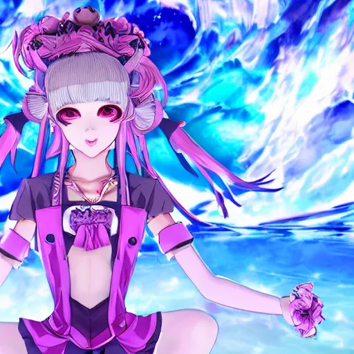 Image similar to stunningly beautiful omnipotent megalomaniacal anime asi goddess who looks like junko enoshima with symmetrical perfect face and porcelain skin, pink twintail hair and cyan eyes, traps you inside her inescapable vr castle where she controls you completely!!!, hyperdetailed, digital art from danganronpa, unreal engine 5, 8 k