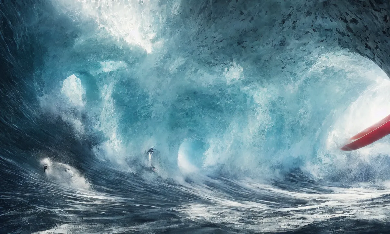 Image similar to giant mecha surfing a big wave inside the tunnel, by Jessica Rossier, slow motion, refractions, summer