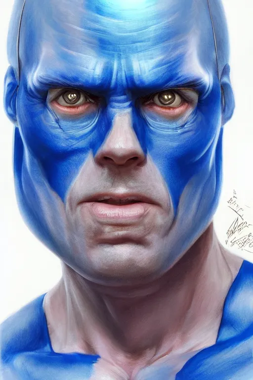 Prompt: Dwight Shrute as blue man. digital painting, artstation, concept art, smooth, sharp focus, illustration, art by artgerm and donato giancola and Joseph Christian Leyendecker, Ross Tran, WLOP