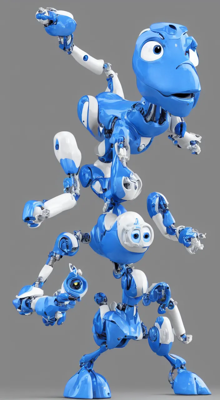 Image similar to a female white and blue robotic griffin, CGI, in the style of Pixar