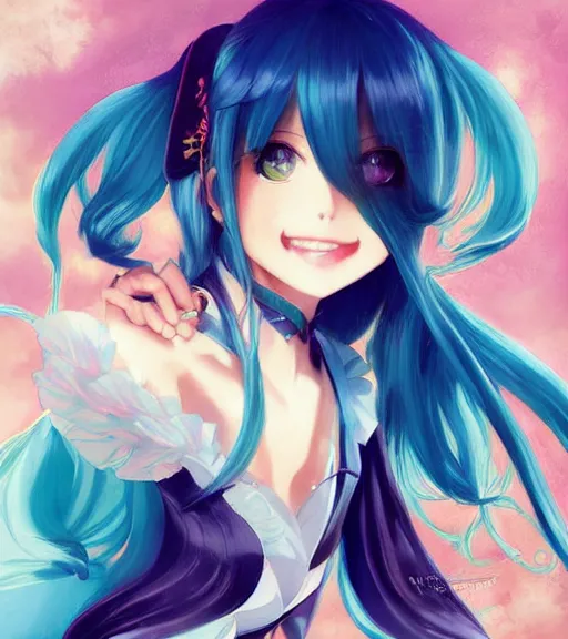 Prompt: Anime art very beautiful Hatsune miku by Gil Elvgren, Vladimir Volegov, Earl Moran, Enoch Bolles, symmetrical shoulders, long hair, smiling, cute anime face