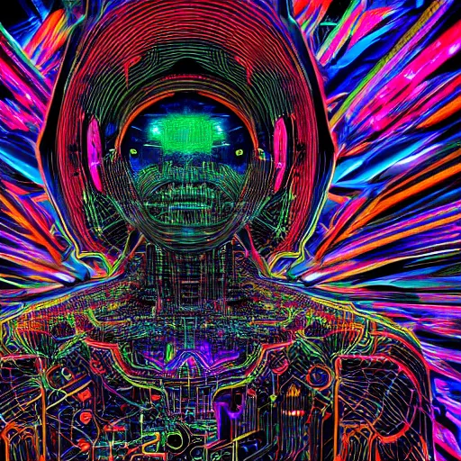 Image similar to photo of a black tshirt with a hyperdetailed portrait of a futuristic trippy cyberpunk meditating robot, 8 k, symetrical, flourescent colors, multicolored tshirt art,