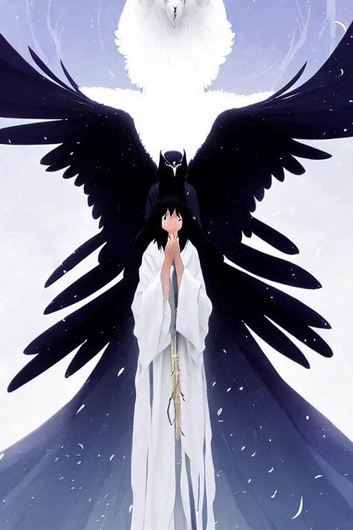 Image similar to raven headed warlock doing magic spells wind, white robes, finely detailed perfect face, exquisite details, mid view, design on a white background, by studio muti, greg rutkowski makoto shinkai takashi takeuchi studio ghibli