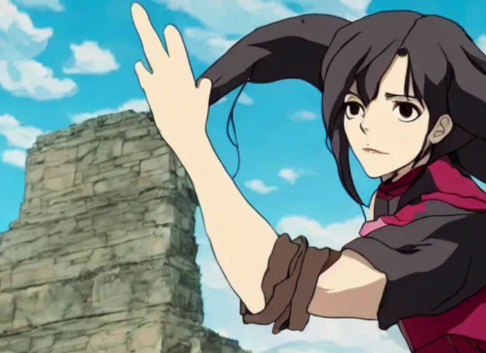 Image similar to emma watson flying screenshot from demon slayer 鬼滅の刃 anime gal gadot