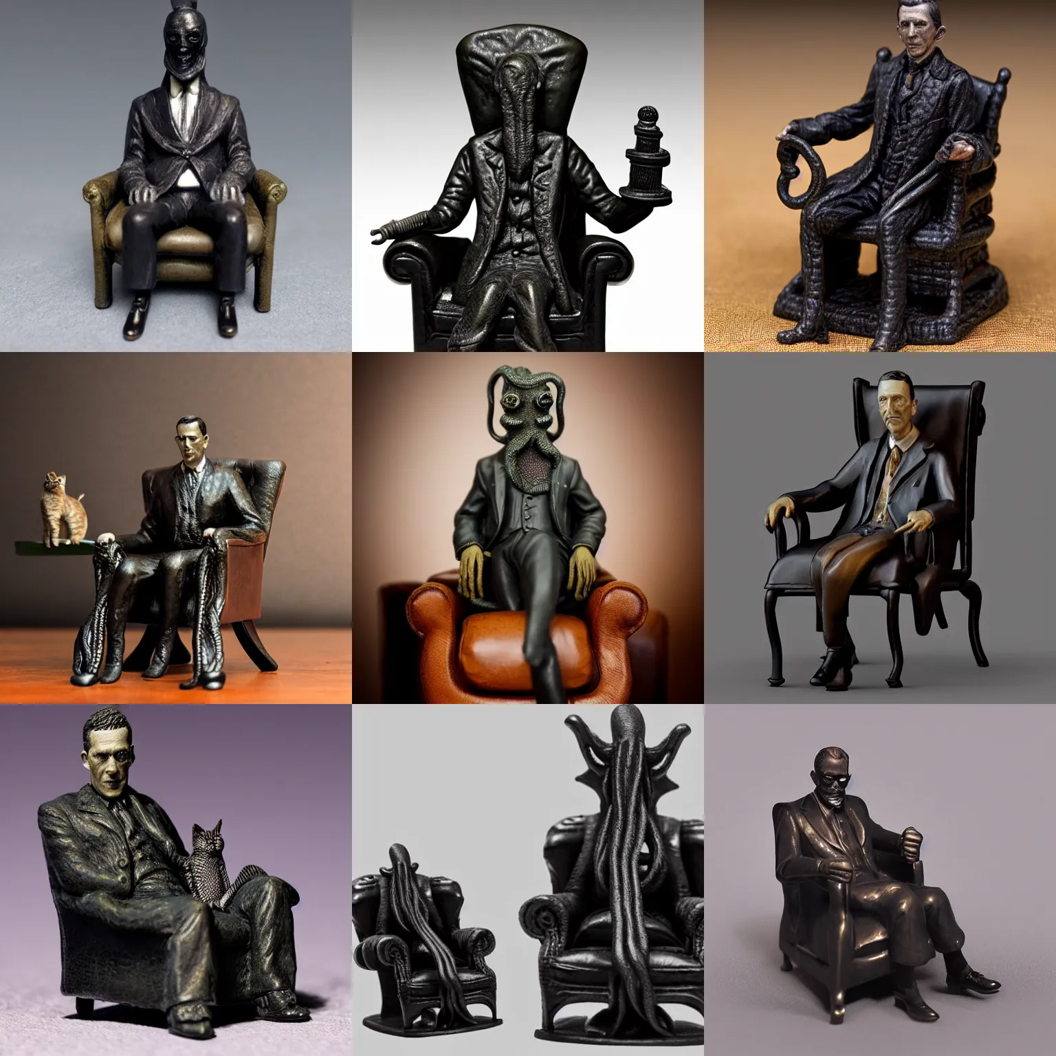 Prompt: 2 8 mm miniature statue howard phillips lovecraft dressed suit sitting in tall leather armchair, with small cat on lap, big tentacle sneak around, top - side view, black resin, black background, octane render