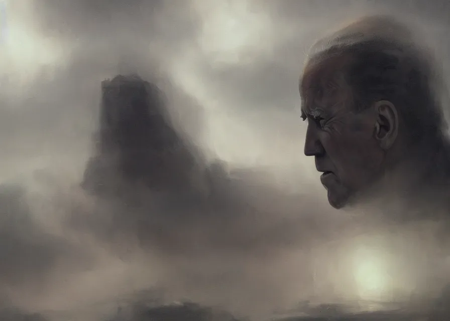 Image similar to abstract obscure painting of Joe Biden head emerging from thick dark clouds, immense crowd of varied people, cosmic horror , trending on ArtStation, masterpiece, by Greg Rutkowski, by Ross Tran, by Fenghua Zhong, octane, lightbeam eyes, soft render, clear facial features, oil on canvas, moody lighting, cinematic, professional detailed environmental concept art