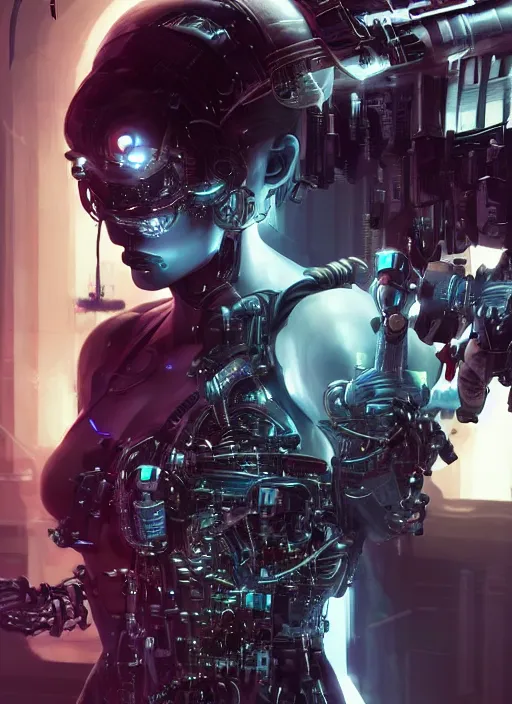 Image similar to cyberpunk,sci-fi, fantasy,Ultra realistic full shot of a cyborg woman under repair ,with mechanical arms that fix it,,Kodak , colour led, soft light, volumetric lighting ,night, intricate, elegant, highly detailed, digital painting, artstation, concept art, smooth, sharp focus, illustration,art by artgerm and greg rutkowski and alphonse mucha