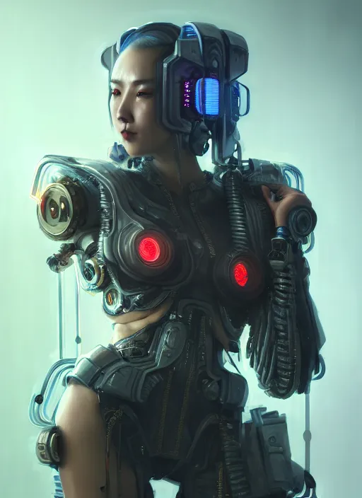 Image similar to a hyper detailed octane render concept art by xision wu, kerem beyit, sandara tang portrait of cyberpunk cyborg, dim lighting, detailed portraits, unreal engine 5, highly rendered,, digital painting, artstation, concept art, smooth, sharp focus perfect horizontal ， symmetry illustration, detailed and intricate environment artstation hq