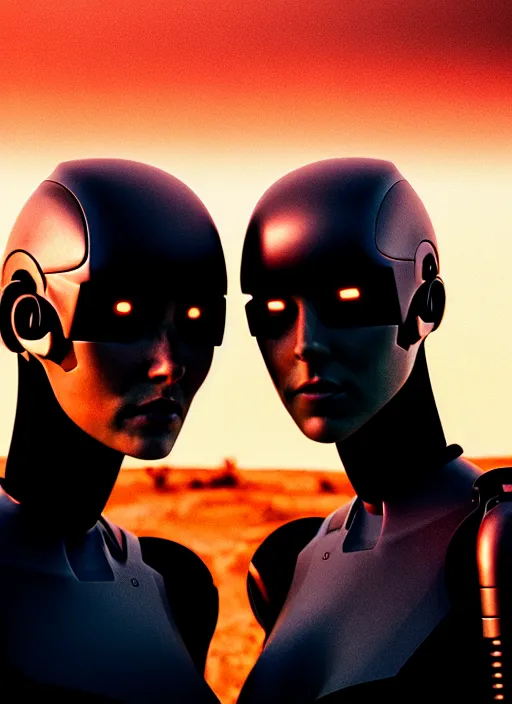 Image similar to cinestill 5 0 d photographic portrait of two loving female androids wearing rugged black techwear on a desolate plain with a red sky, showing some skin, extreme closeup, modern cyberpunk, dust storm, 8 k, hd, high resolution, 3 5 mm, f / 3 2, ultra realistic faces, ex machina, blade runner