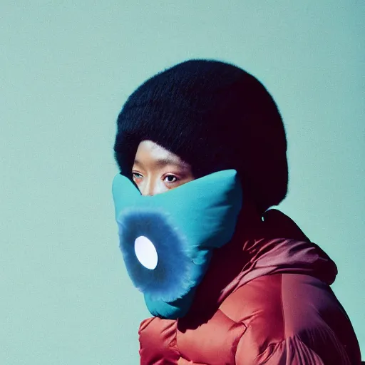 Prompt: realistic photoshooting for a new issey miyake lookbook, color film photography, portrait of a beautiful woman, model is wearing a puffer mask, in style of tyler mitchell, 3 5 mm,