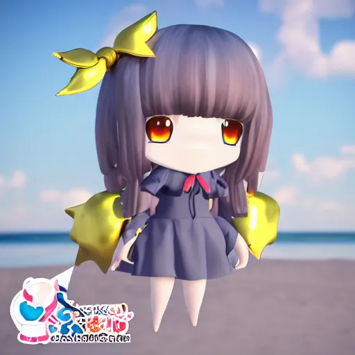 Image similar to cute fumo plush of a metallic reflective girl, global illumination reflectance probe, ssao, chibi anime, magical girl, beach, witch, vray