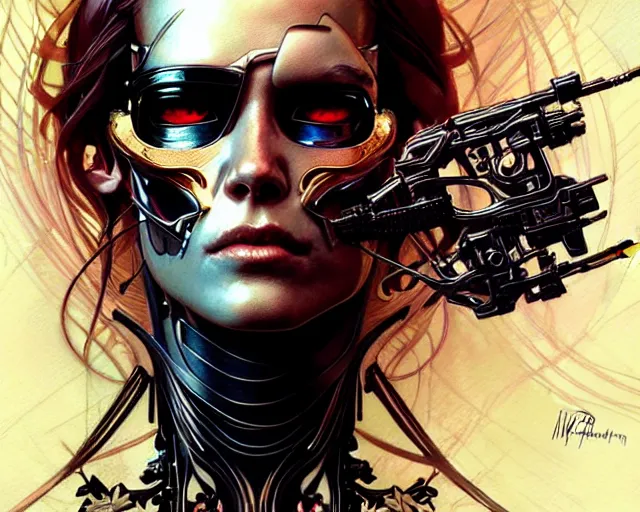 Prompt: Terminator T800, art nouveau, fantasy, intricate flower designs, elegant, highly detailed, sharp focus, art by Artgerm and Greg Rutkowski and WLOP