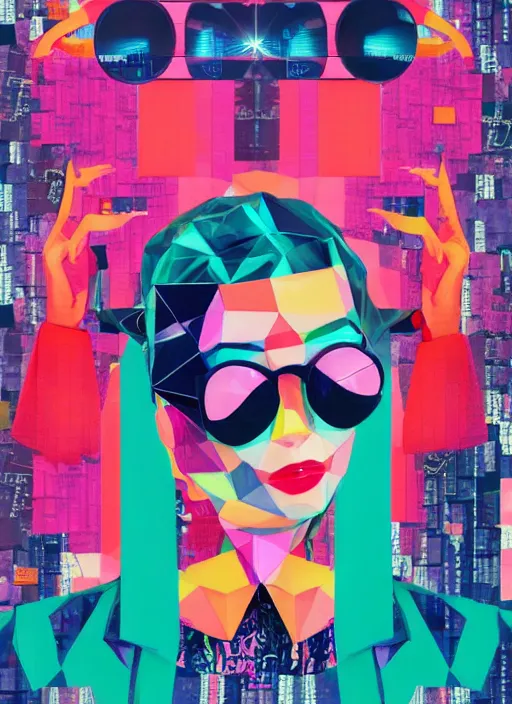 Prompt: portrait of a lowpoly rave girl with musicassette sunglasses wearing kimono made of synthesizer dancing, surreal dada collage poster art by kurt schwitters james jean liam brazier victo ngai tristan eaton