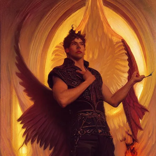 Image similar to attractive male lucifer morning star casting a spell to raise hell unto heaven. highly detailed painting by gaston bussiere, craig mullins, j. c. leyendecker, 8 k