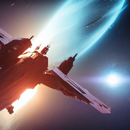 Prompt: cinematic shot epic portrait a ship flying through space in star citizen, hyper realistic, mood lighting, fantasy, detailed face, highly detailed, super realistic, perfect lighting