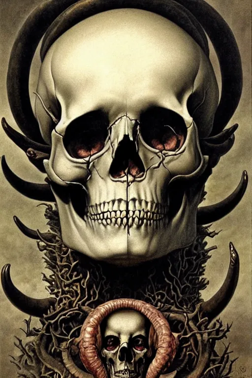 Image similar to human skull with horns and three eyes artists anatomy in the style of wayne barlowe, gustav moreau, goward, bussiere, roberto ferri, santiago caruso, luis ricardo falero, dali