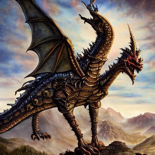 Prompt: steampunk ent dragon from lord of the rings, high detail, realistic, pastel, complex, dark, magical natural mountainous background with setting sun, smoke in sky