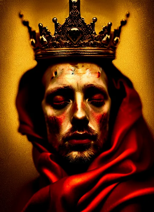 Image similar to 'Portrait of Crowned King Arthur' by Lee Jeffries royally decorated, whirling plasma, atmospheric motes, red and gold Sumptuous garb, gilt silk fabric, radiant colors, fantasy, perfect lighting, studio lit, micro details,