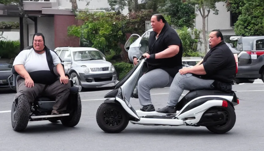 Image similar to obese Steven Seagal riding a mobility scooter, action cinematography