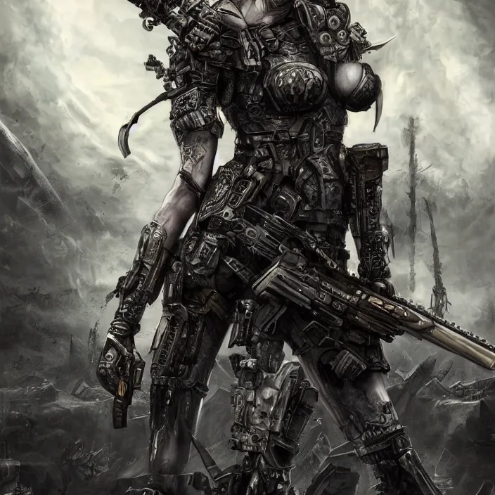 Image similar to apocalyptic woman attached to machine weaponry, hyper - detailed, smooth, sharp focus, 4 k ultra hd, fantasy dark art, apocalyptic art