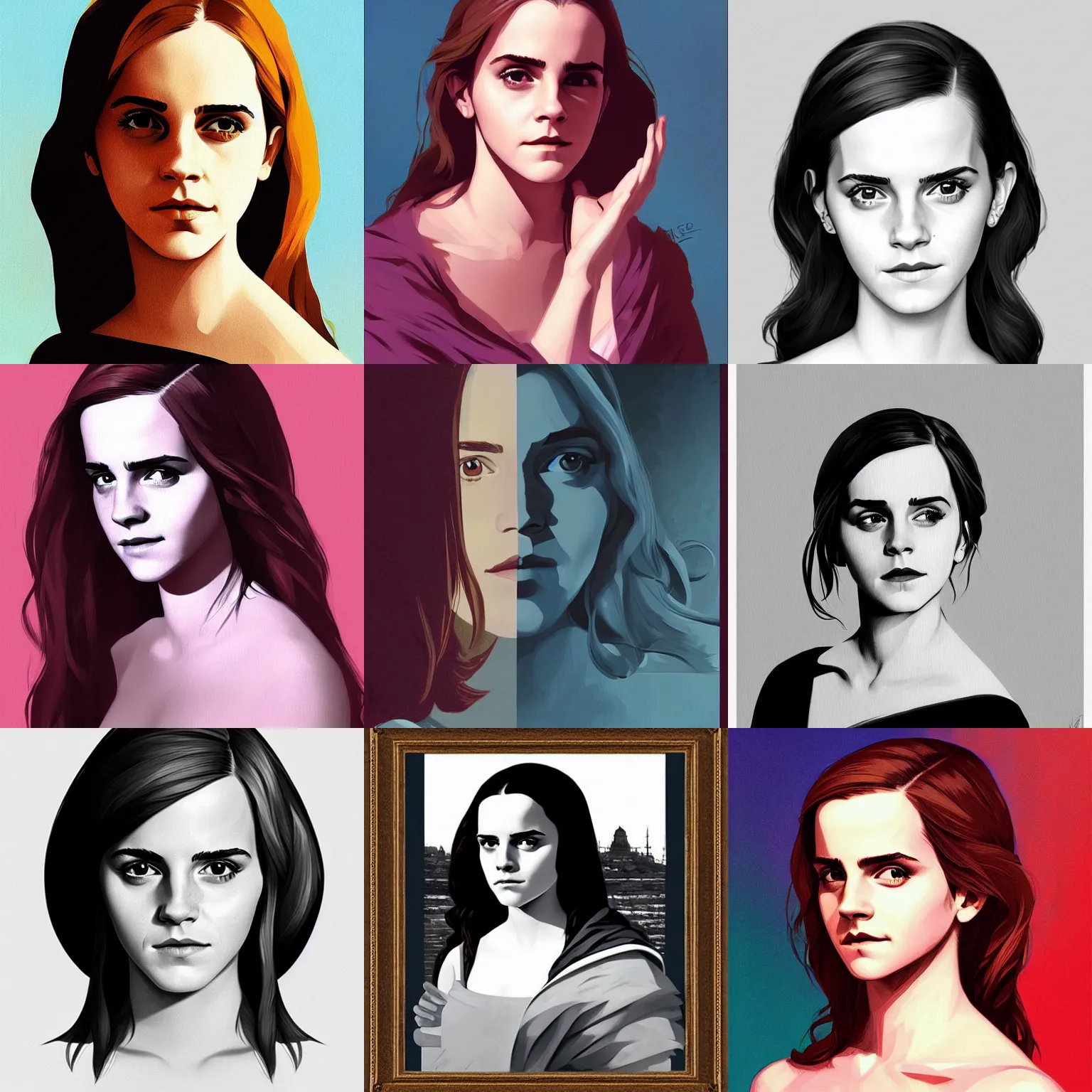 Prompt: Emma Watson in the style of the monalisa by alex ross by moebius by atey ghailan